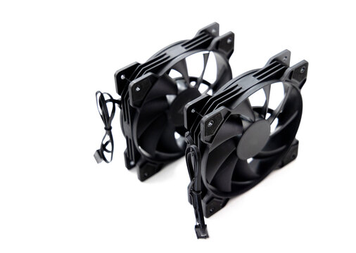 Two black computer cooling fans on a white background