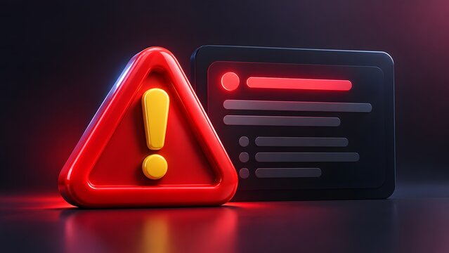 3D rendering of a glossy red warning triangle icon next to a digital user interface window displaying an error message or alert