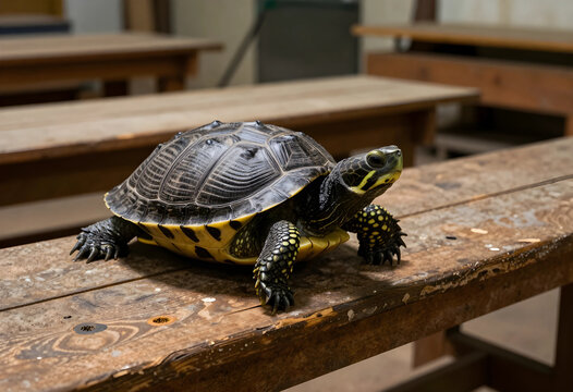 Longevity and patience concept turtle walking on a wooden bench in an indoor setting wildlife and nature conservation slow pace and steady progress