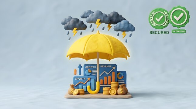 Yellow umbrella protecting financial charts and money bags from stormy thunderclouds to represent risk management.