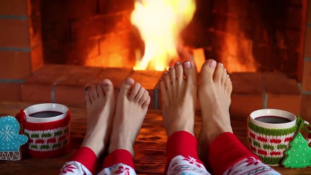 The family is sitting in front of the fireplace. People in clothes with Christmas ornaments are having fun at home. Slow motion