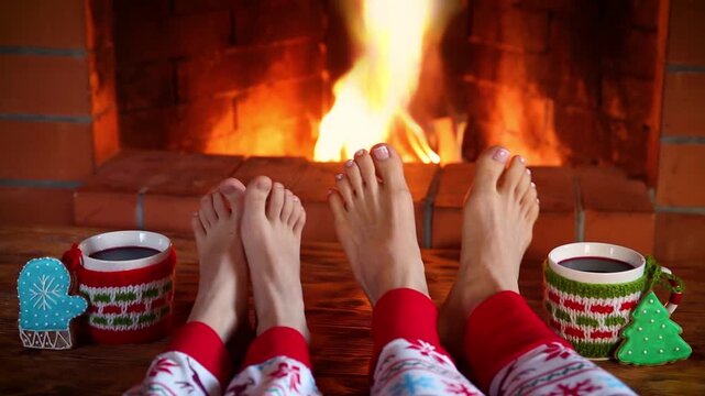 The family is sitting in front of the fireplace. People in clothes with Christmas ornaments are having fun at home. Slow motion