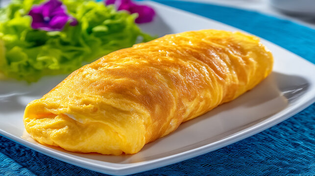 Freshly cooked golden japanese style omelette served on a white plate with side salad