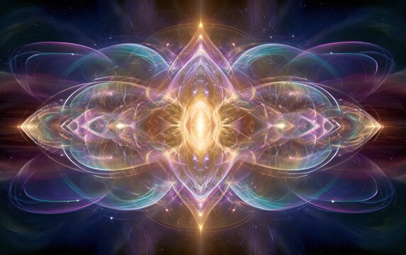 glowing abstract symmetrical pattern with colorful ethereal light and sparkling particles on a dark background