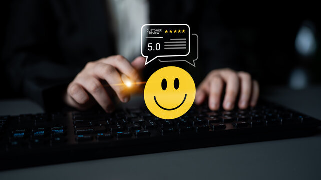 A visual representation of positive customer feedback featuring a smiley face, keyboard, and five-star rating, highlighting exceptional service and user satisfaction. Cyphers