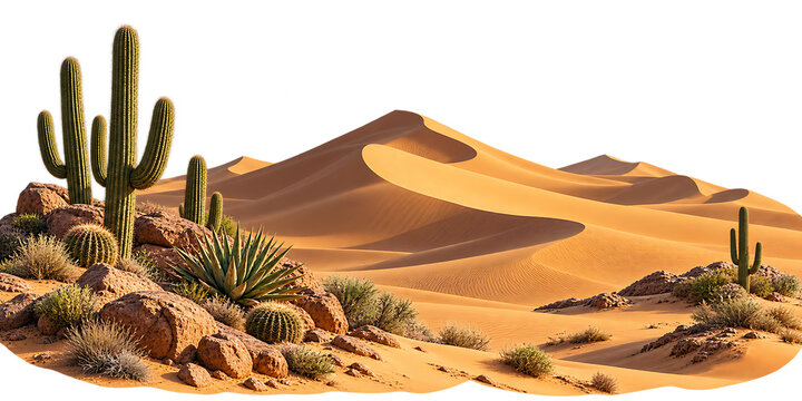 Desert Landscape with Sand Dunes and Cactus Plants