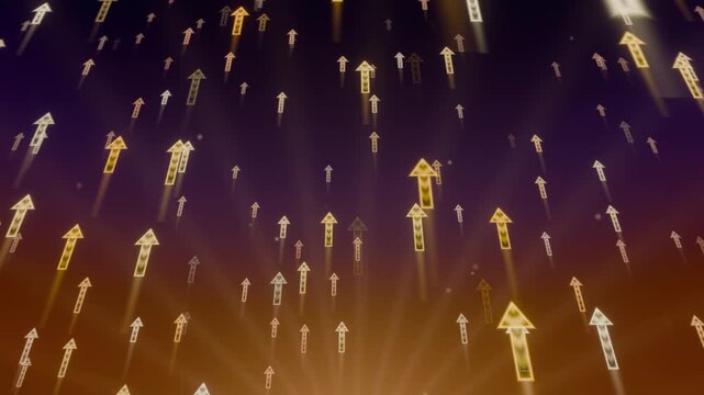 Golden upward arrows loop business growth success abstract background rising through purple orange light for progress achievement ambition investment strategy presentations and motivational campaigns