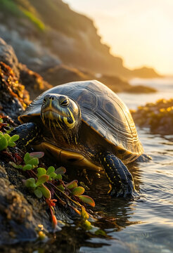 Biodiversity and wildlife conservation, freshwater turtle resting on rocky shore at sunset with golden light reflecting on water surface in nature