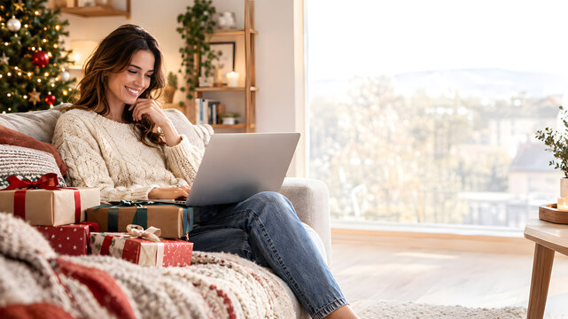 Mujer sonriente trabajando con un port&aacute;til en casa en Navidad   