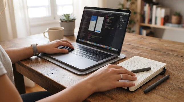 Modern software developer coding on laptop, website designer working at home office desk, modern digital workspace setup