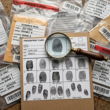 Forensic Investigation Fingerprint Card Magnifying Glass Evidence Bags and Crime Scene Details