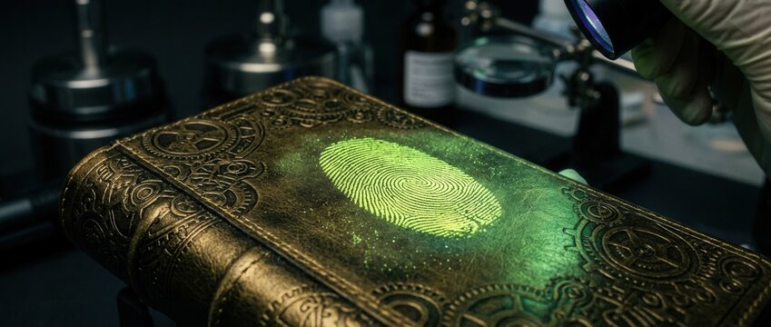Forensic Investigation Fingerprint on Ancient Book Cover Under UV Light Detective Science Concept