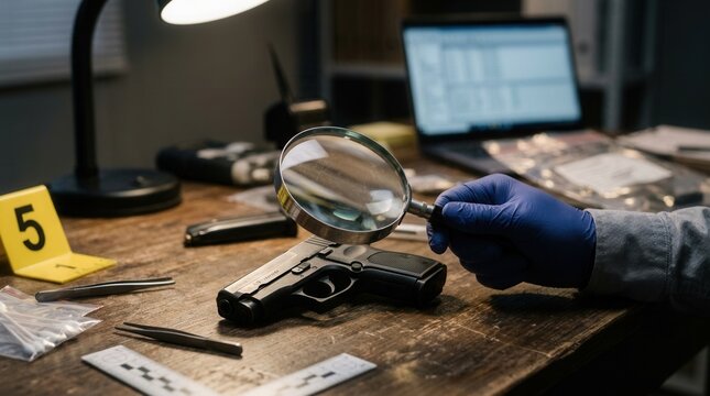 Forensic Investigation Gun Magnifying Glass Evidence Markers Fingerprints Laptop on Detectives Desk