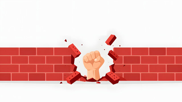 Human fist breaking through a red brick wall representing power strength overcoming obstacles freedom and success vector illustration