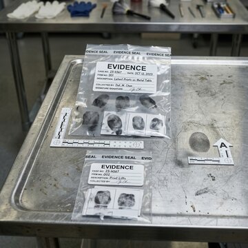 Forensic Fingerprint Evidence Bags on Metal Table Crime Scene Investigation