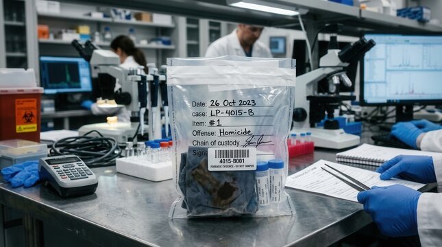 Forensic Evidence Bag in Laboratory with Scientists Working in Background DNA Analysis Crime Scene Investigation