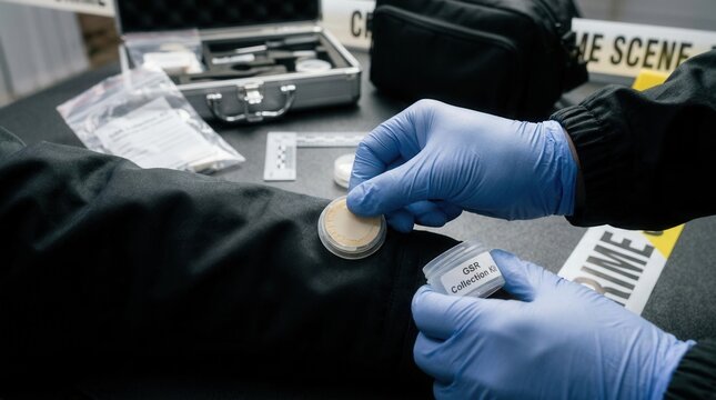 Forensic expert collecting evidence from crime scene close up on gloved hands and tools investigation concept