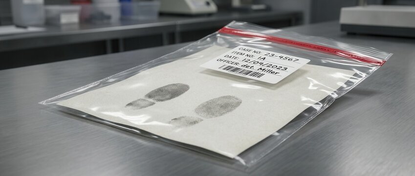Forensic Evidence Bag with Footprint Impressions and Label on Laboratory Bench