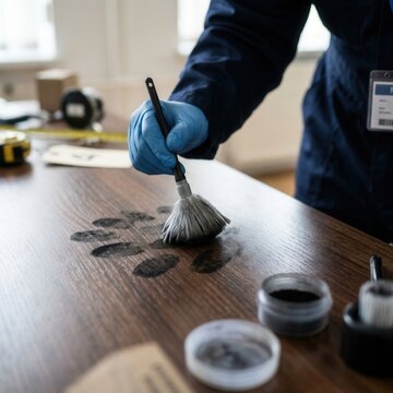 Forensic expert dusting for fingerprints on a wooden table crime scene investigation evidence collection detective work