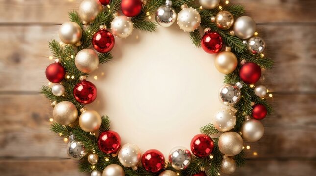 Close-up of decorated evergreen branch with red and gold ornaments