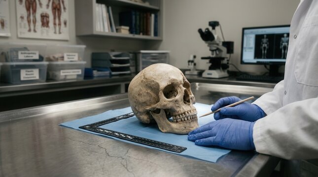 Forensic Anthropologist Examining Human Skull in Laboratory