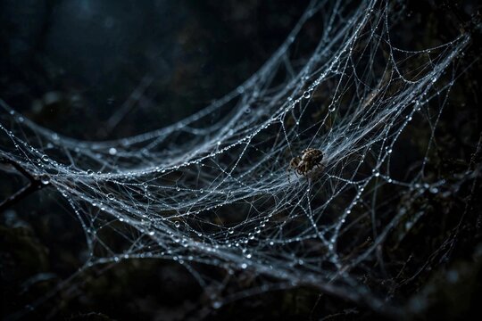 Close-up of a spider web with dew drops on dark background