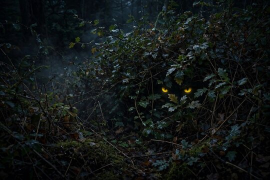 Pair of glowing eyes in dark forest bushes at night