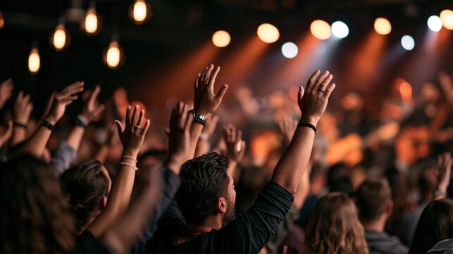 Crowd raising hands, celebrating and enjoying a performance at a concert or church service