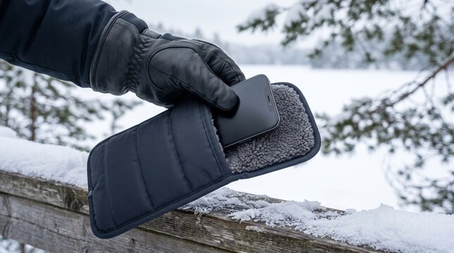 Person in winter gloves placing a smartphone into a fleece lined protective case