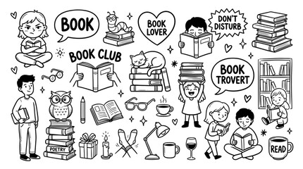 Obraz premium Cute Book Lover Doodle Vector Icons Set Reading Bookworm Girl Boy Library Isolated