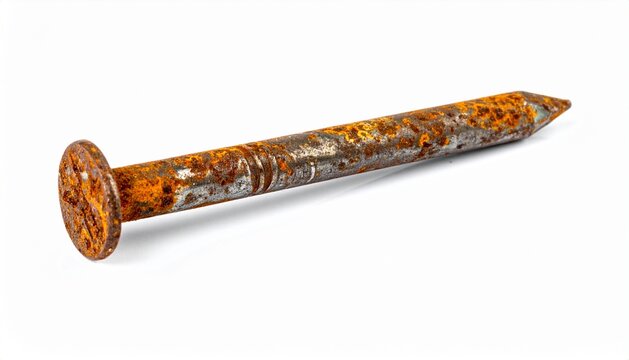 Single old rusty steel nail isolated on white background