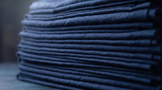 Stack of folded dark blue denim fabric layers in close up view shows texture and quality material for garment manufacturing and textile industry applications.