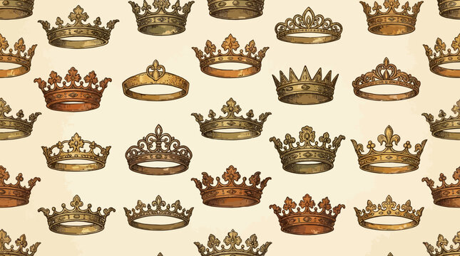Vintage hand-drawn seamless pattern featuring various plain royal crowns and tiaras only. Detailed ink line art illustrations of antique metal crowns, simple circlets, and medieval monarch headpieces 