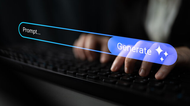 A close-up view of hands poised over a keyboard, highlighting a digital generate button, reflecting the intersection of technology, creativity, and prompt-based content generation. Gantry