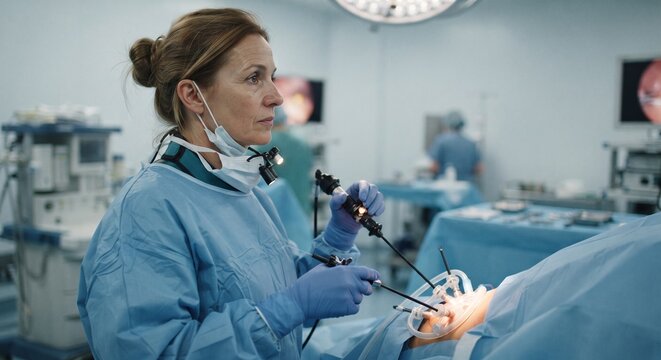 Female surgeon performing a laparoscopic operation in a modern hospital operating room.