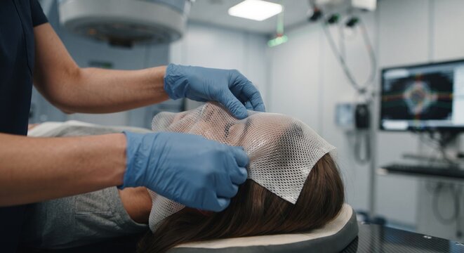 Medical professional applying a supportive mesh or immobilization mask on patient face before treatment.