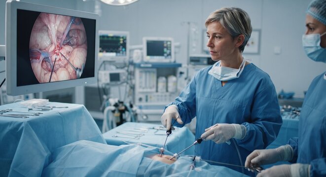 Professional female surgeon performing minimally invasive laparoscopic surgery in a modern hospital operating room.