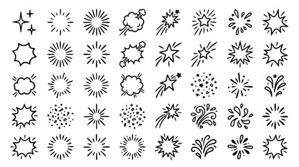 Comic Book Pop Art Explosion Rays and Sparkle Star Splash Line Icon Set Featuring Shooting Stars, Sunbursts, and Creative Speech Bubble Elements © Halima