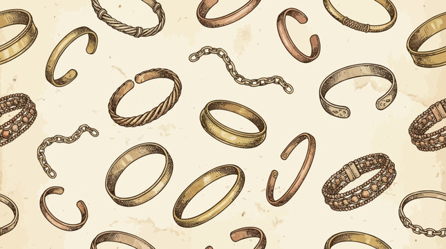 Vintage hand-drawn seamless pattern featuring various plain bracelets and bangles only. Detailed ink line art illustrations of antique metal bangles, simple link chains, beaded bracelets, and minimali