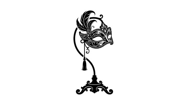 Elegant black silhouette of a venetian masquerade mask with feathers on a decorative vintage stand, isolated on white.