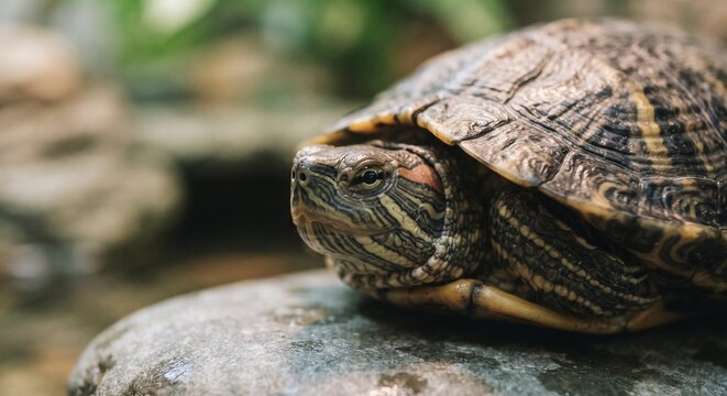 Close-up portrait of a red-eared slider turtle resting on a wet grey stone by a pond.