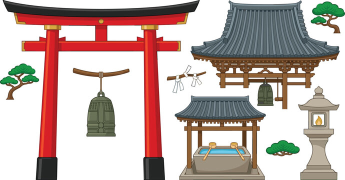 Japanese Shinto Shrine Traditional Architectural Elements Vector Set Featuring Red Torii Gate Main Pagoda Temple Bell Chozyuya Water Purification and Stone Lantern