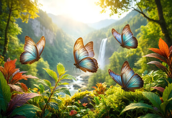 Fototapeta premium Biodiversity and ecosystem health, blue butterflies flying in a lush tropical rainforest with a waterfall and sunlight in the background