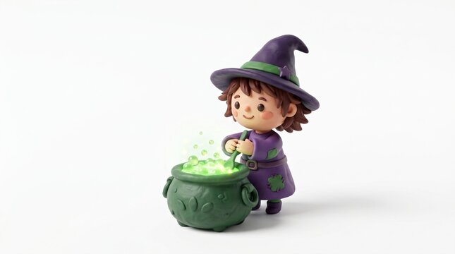Cute little witch figurine stirring a glowing green magic potion in a cauldron on a clean white background for Halloween spooky fun concepts
