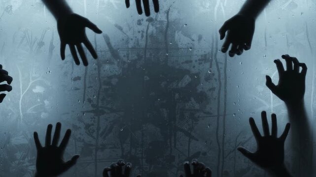 Scary hands reaching through frosted glass in dark blue lighting