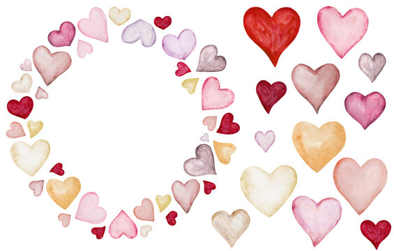 Frame and elements clipart with watercolor pastel hearts. Isolated illustration for Valentines cards
