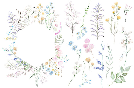 Floral frame with pastel watercolor wildflowers and elements clipart, spring wedding illustration
