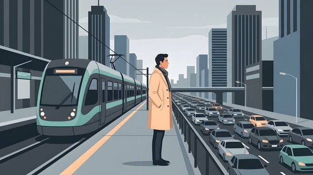 Male commuter waiting on an elevated train platform overlooking a busy city highway