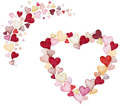 Frame and garland clipart with watercolor pastel hearts. Isolated illustration for Valentines cards