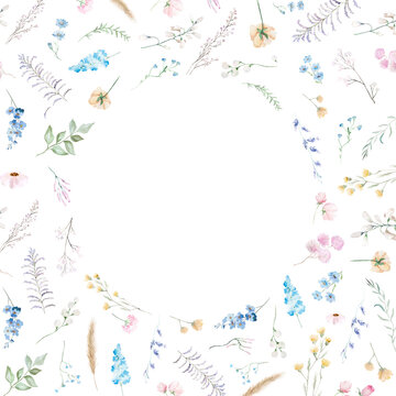Watercolor floral frame with pastel wildflowers, isolated floral illustration for wedding stationery